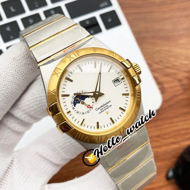 40mm Constellation Automatic Mens Watch Gold Dial Stick Marker Moon Phase Display Gents Watches Two Tone Steel Bracelet HWOM Hello328s