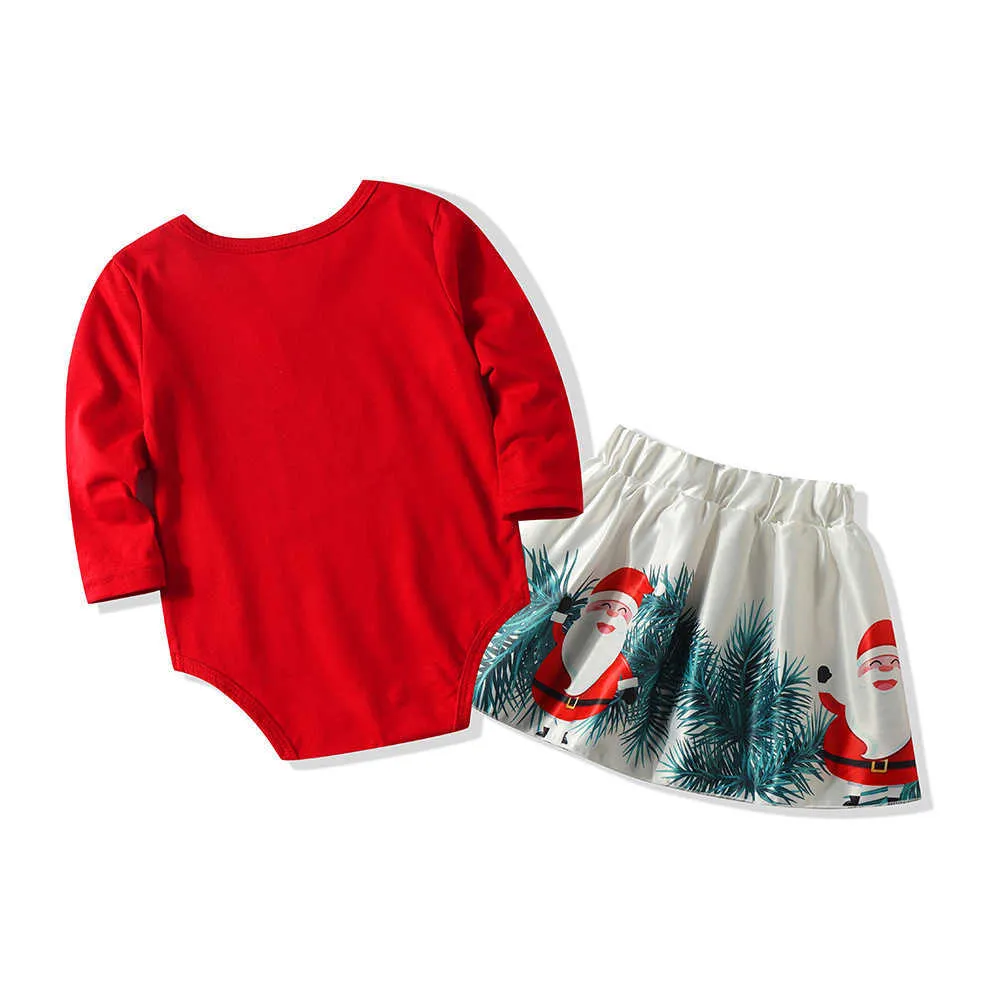 Moda Baby First Christmas Odzież Ustaw Dziewczyny Outfit Red Romper and Print Spódnica Ins Letter Rok Maluch Odzież 210529