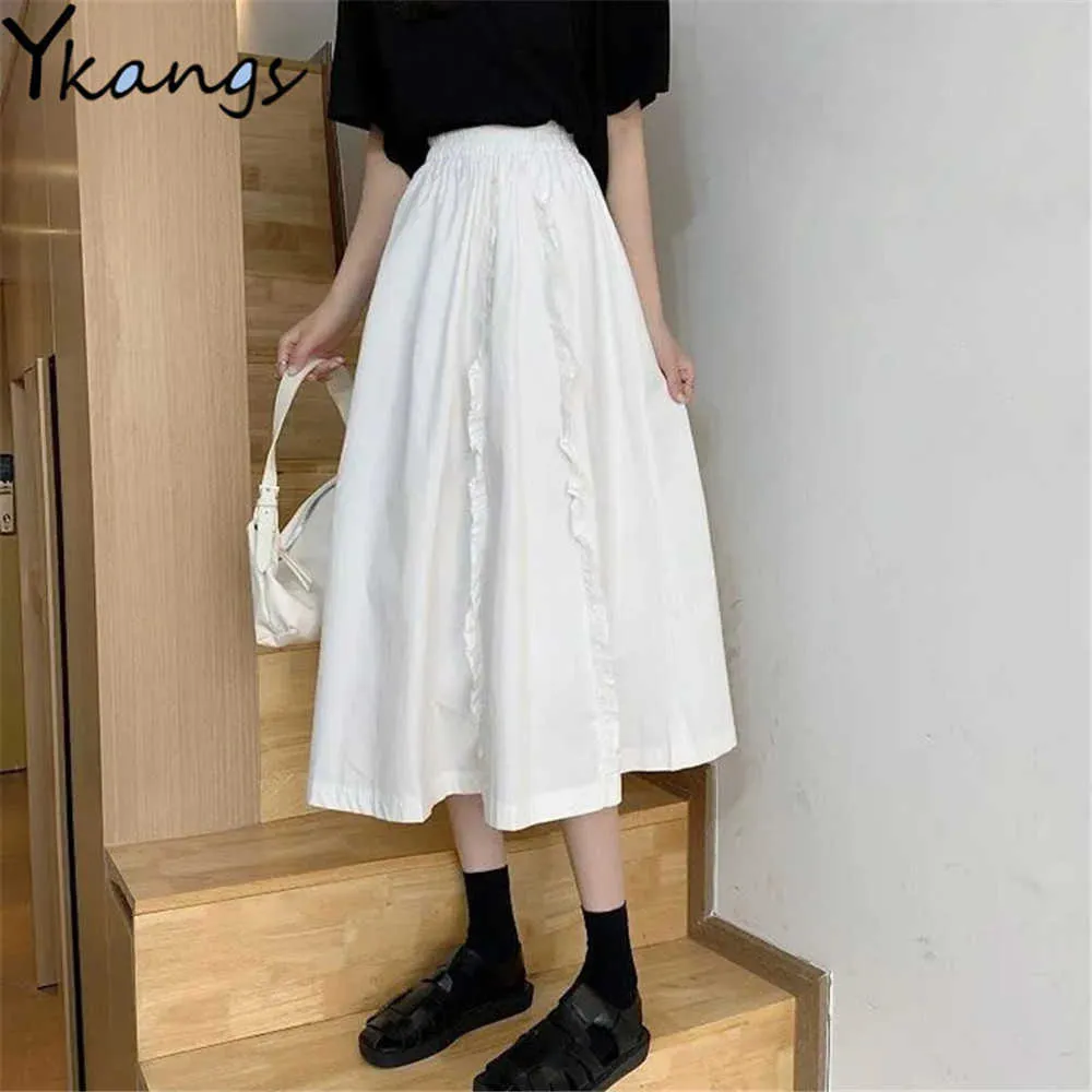 Zoete Japanse gegolfde geplooide rok vrouwen hoge taille BF losse casual lange rok zwart witte zomer wilde student streetwear 210619