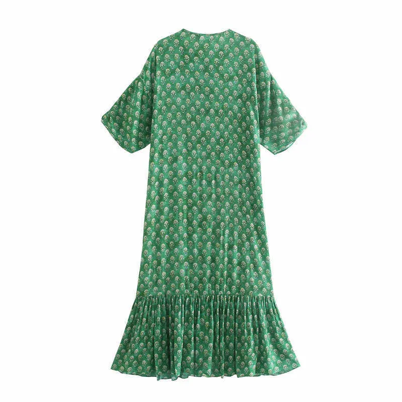 Za Retro Abito lungo verde con stampa floreale Donna Manica corta a sbuffo O Collo Abiti da festa increspati Donna Abito con orlo arricciato Sumemr 210602