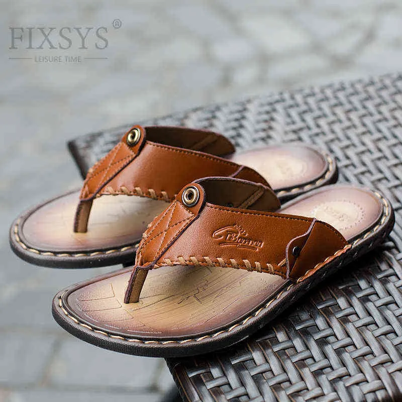 Chinelos Fixsys Verão Homens Slipperes Couro Beach Sandális Sapatos Casuais Moda Flip Flops Água Ao Ar Livre Homem Slides 220302