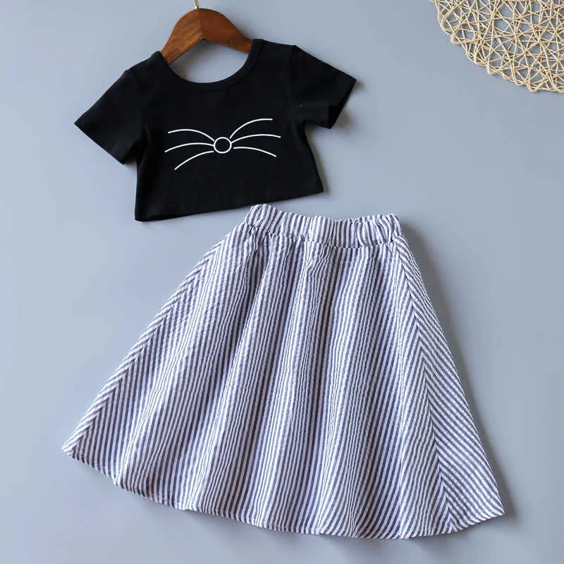 Humor Bear Girls Clothing Set Summer Short Sleeve cartoon T-shirt +Strieped Printed Skirt Sweet Girls Baby Kid Clothes