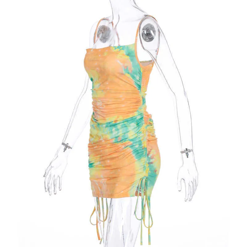 Colysmo Tie Dye Mini Dress女性スパゲッティストラップバックレスセクシークラブES夏側ドローストリングレースアップRuched Bodycon 210527