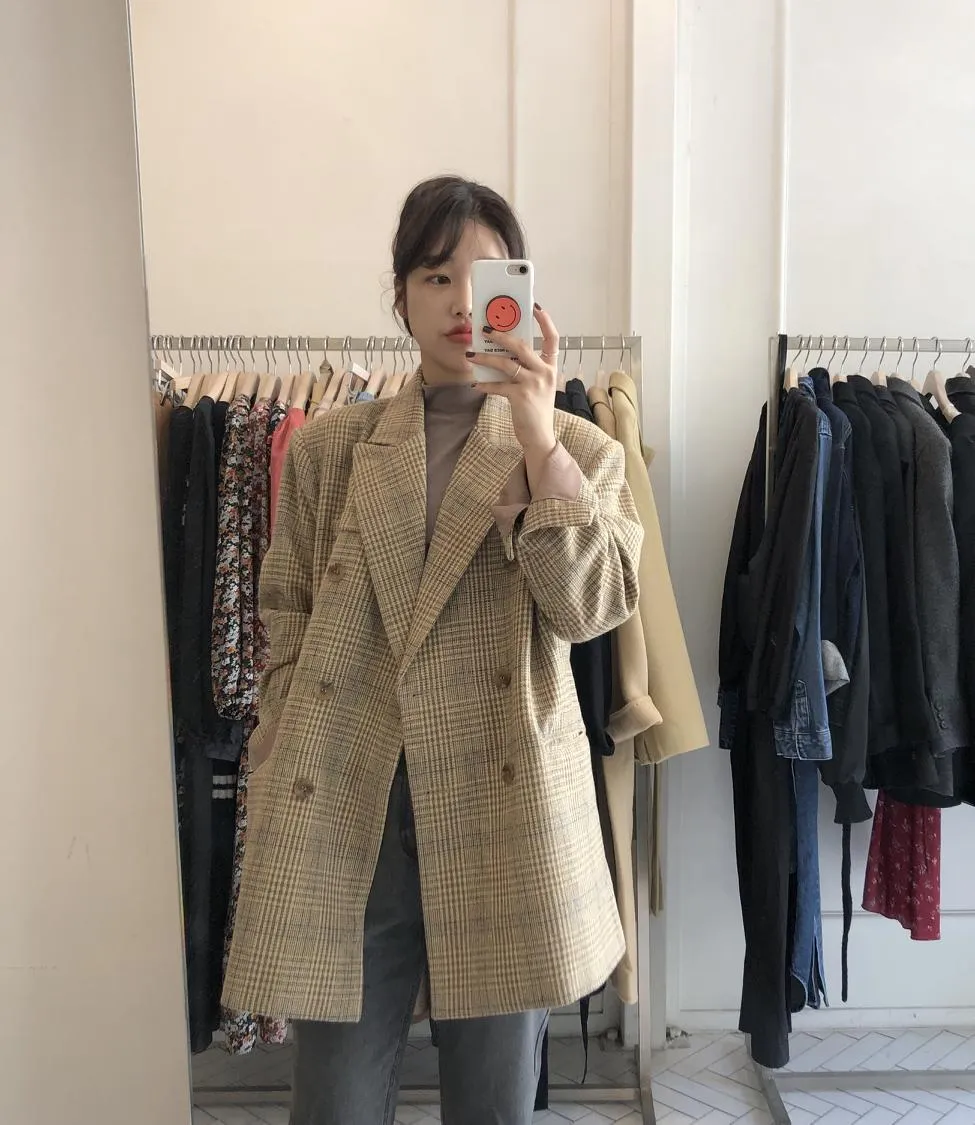Herfst en Winter Dames Koreaanse Chique Retro Contrast Kleur Plaid Double-Breasted Losse Wol Suit Jacket 210514