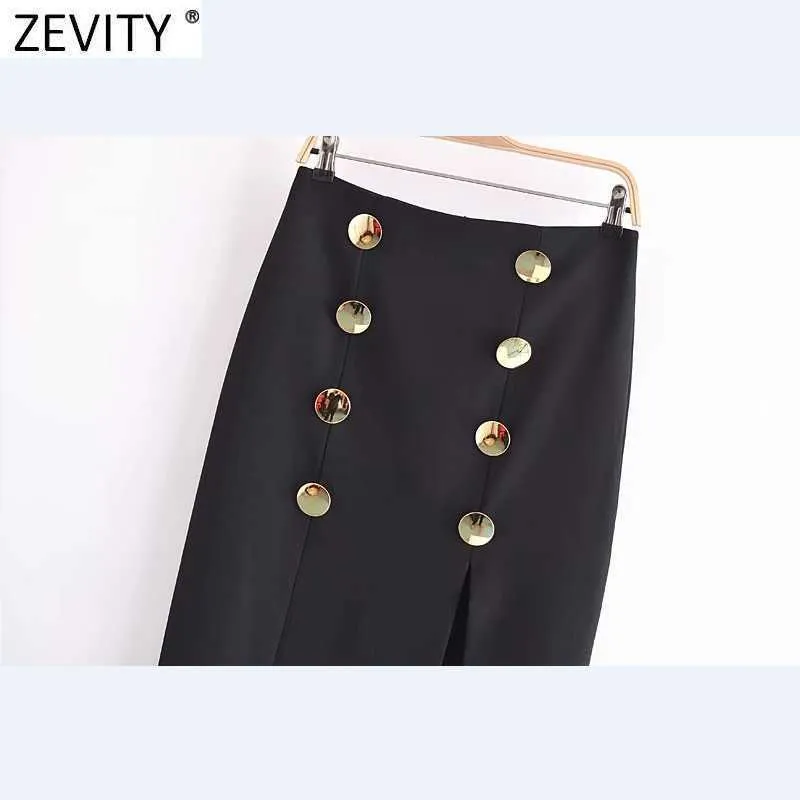 Zevity WomenビンテージダブルブレストデザインデザインブラックストレートMIDIスカートファルダムアーガーの女性バックジッパースプリットvestidos QUN755 210621