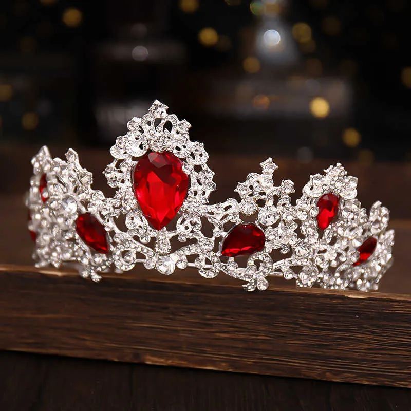 Barock Luxury Silver Color Red Green Crystal Bridal Tiaras Crowns Pagant Diadem Headband Wedding Hair Tillbehör 210701