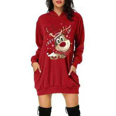 Julklänning Kvinnor Casual Långärmad tryckta tröjor Klänning Plus Storlek Sexig Evening Pullover Hooded Party Kvinna Klänningar Y1118