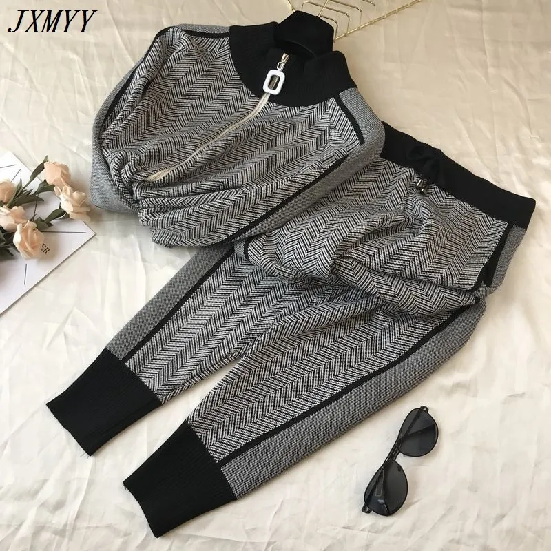 JXMYY Moda Kobiety Dres Patchwork Turtleneck Zipper Dzianiny Kardigans Sweter Spodnie Suit Set Spodnie Elastyczne 210412