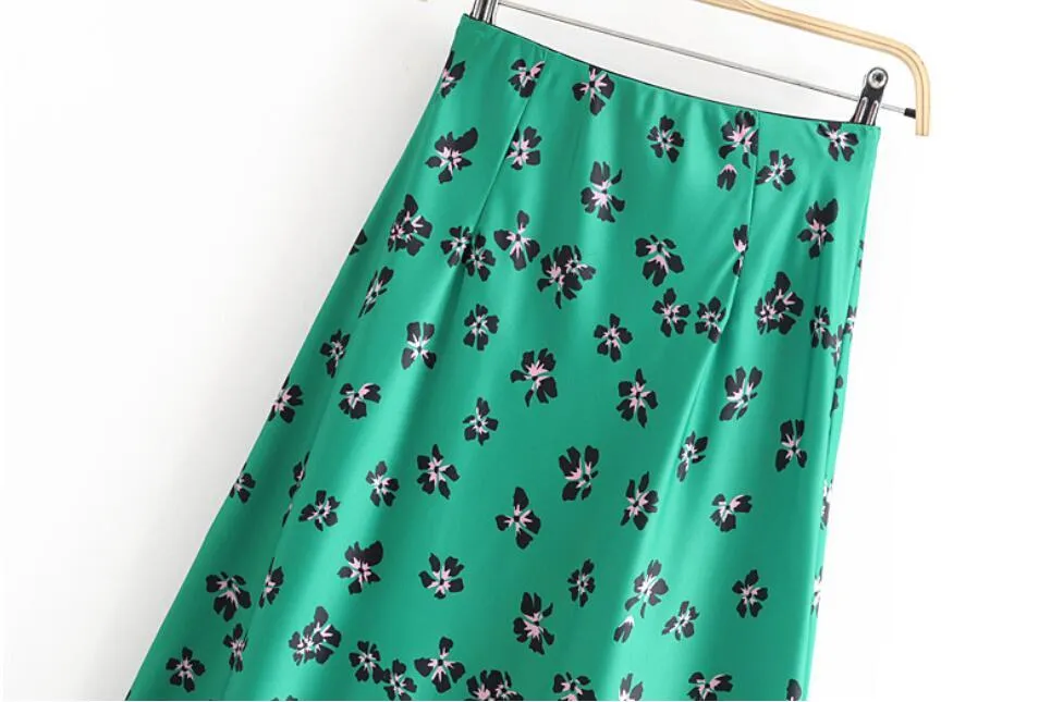 Retro High Waist Green Flower Print Satin Skirt like Silk Summer Women Elastic Mid Long A-line Skirts Femme 210429