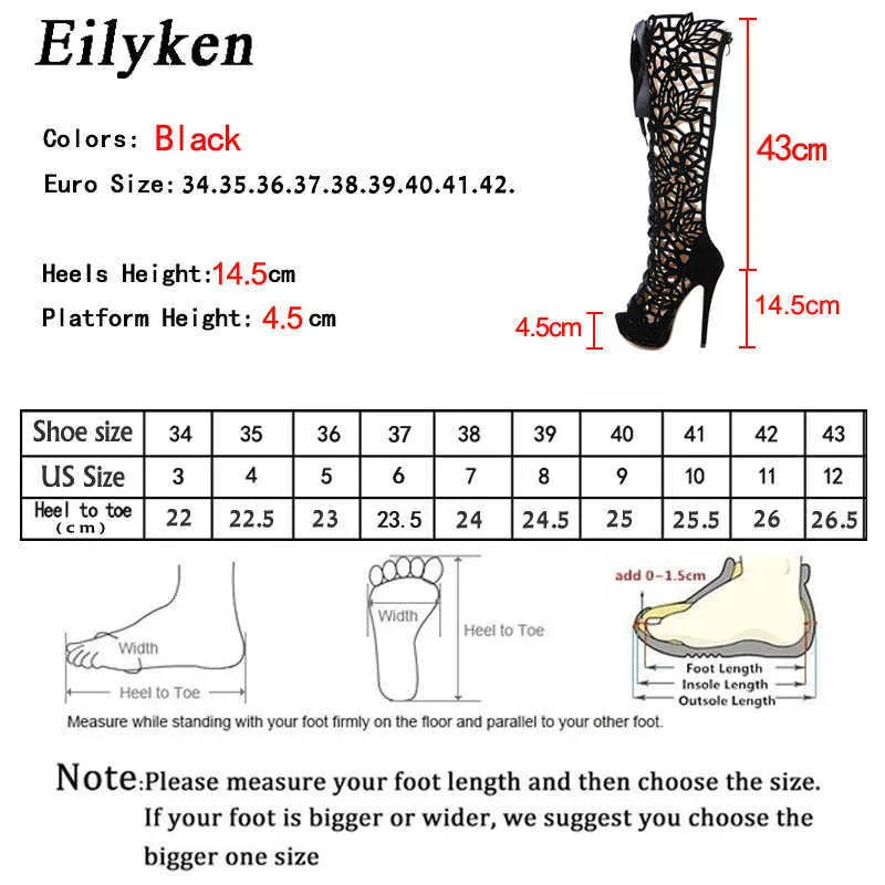 Eilyken Fashion Gladiator Hollow Out Flower Pattern Donna Estate Stivali sopra il ginocchio Sandali Peep Toe Lace-Up Zip Platform Shoes 210910