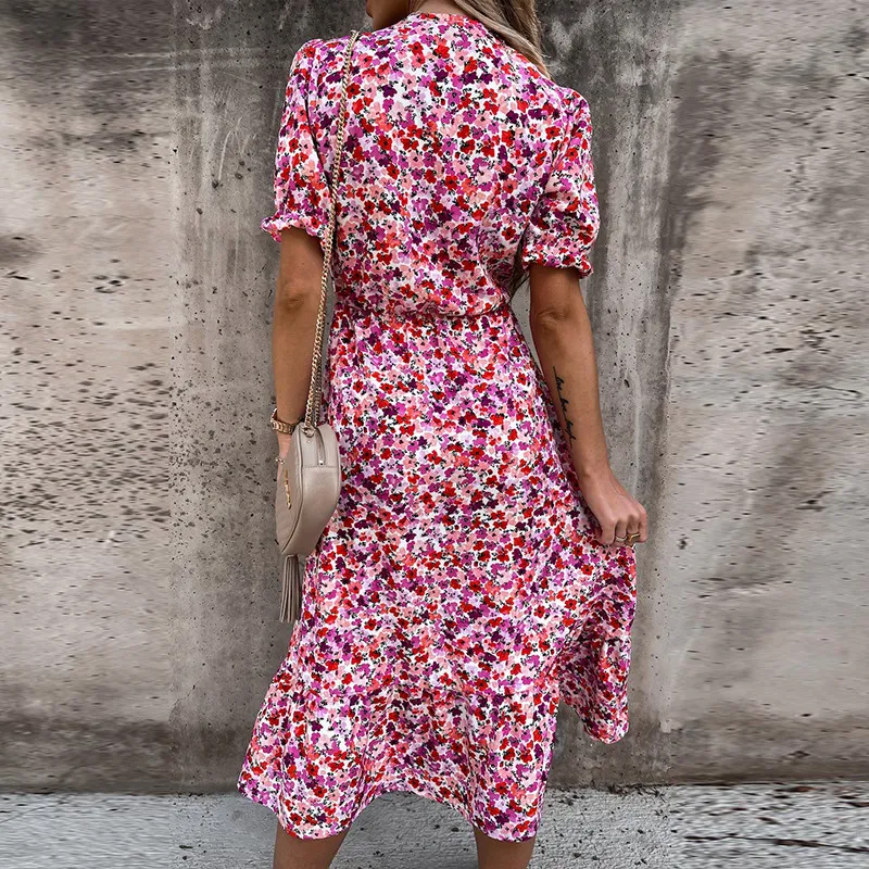 Vestido camisero largo ajustado con estampado Floral de primavera 2021 para mujer, vestido de fiesta dividido con botones y cuello de pico, vestido Maxi de cintura elástica de manga larga para otoño X0521