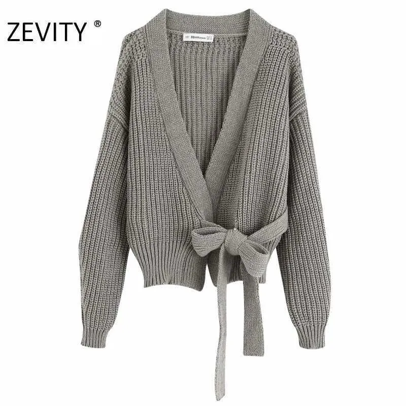 Zevity mujeres moda cruz v cuello color sólido casual tejido cardigan abrigo femenino arco atado kimono abrigos chic tops CT581 210603