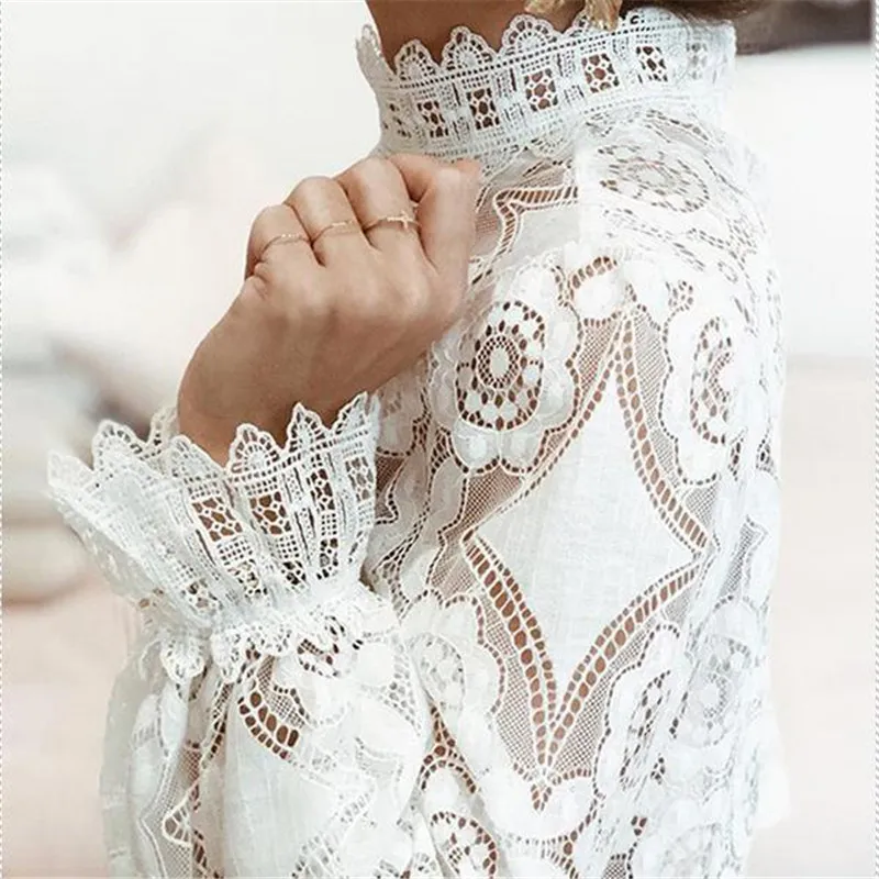 Blouses Ladies Autumn Sexy Women Lace Elegant Formal Embroidery Long Sleeve White Office Lady Flower Hollow Chemise Clothing 210422