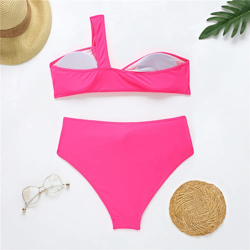 Sexy femmes taille haute maillot de bain solide Orange rose maillots de bain femme Bandeau string brésilien Bikini ensemble Biquini maillot de bain 210520