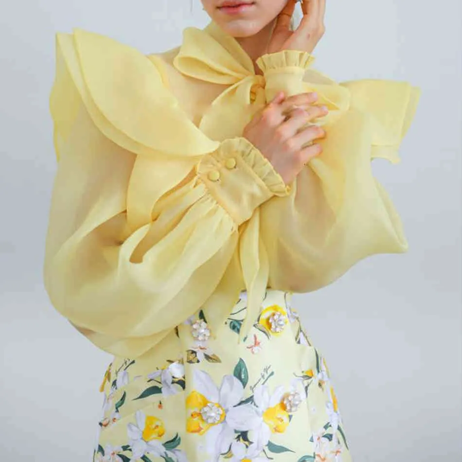 Laço Laço Laço Ruffle Slow Slow Single-Breasted Perspective Top Senhoras Camisa Amarelo Tops Mulheres Street Wear 210524