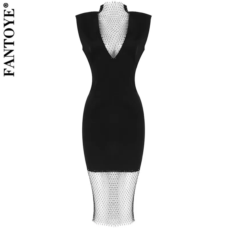 Fantoye Deep V-Neckメッシュドレス女性黒ノースリーブスルードレス女性春カジュアルストリートウェアスリムナイトクラブVestidos x0521