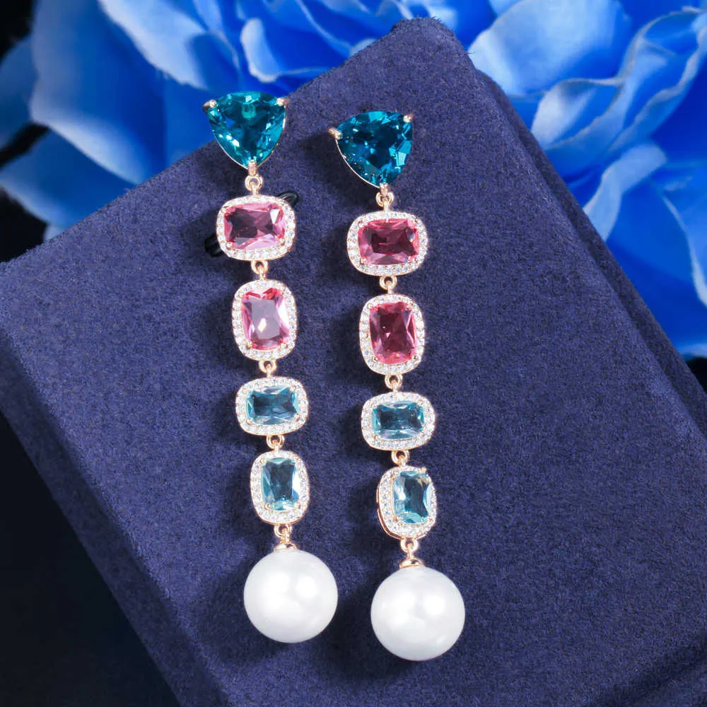 Piękny prostokąt CZ Crystal Dangle Drop Długie Pearl Kolczyki Dla Kobiet Delikatny Party Biżuteria zaręczynowa Cz3880 210714