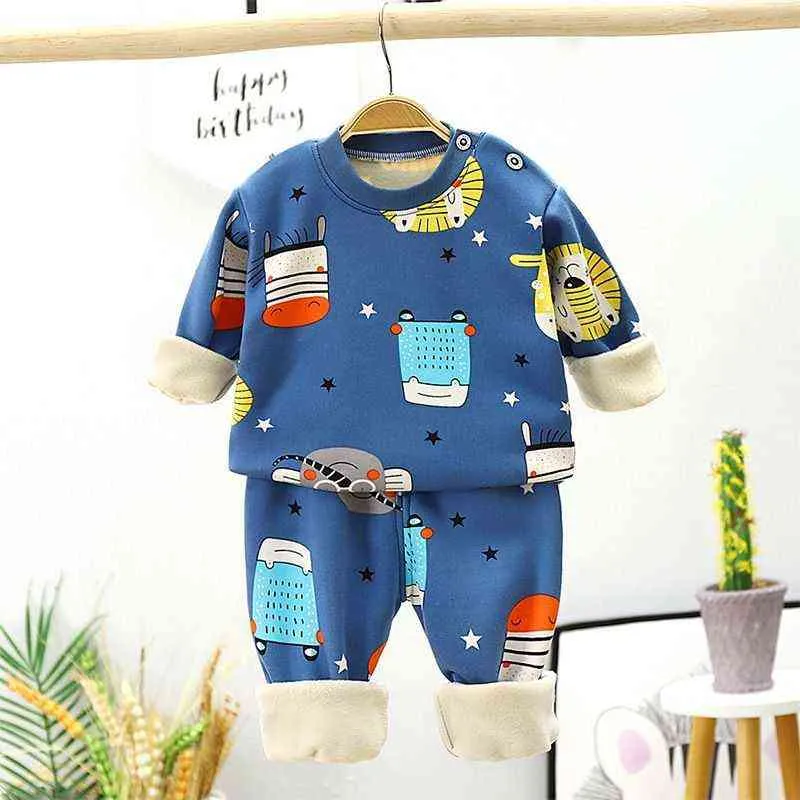 Kinder-Nachtwäsche-Anzüge, voller Pullover, T-Shirts, Hosen, 2-teiliges Set, Kleidung, Winter-Cartoon-Kind-Jungen-Mädchen-Fleece-gepolsterte warme Pyjamas 211130