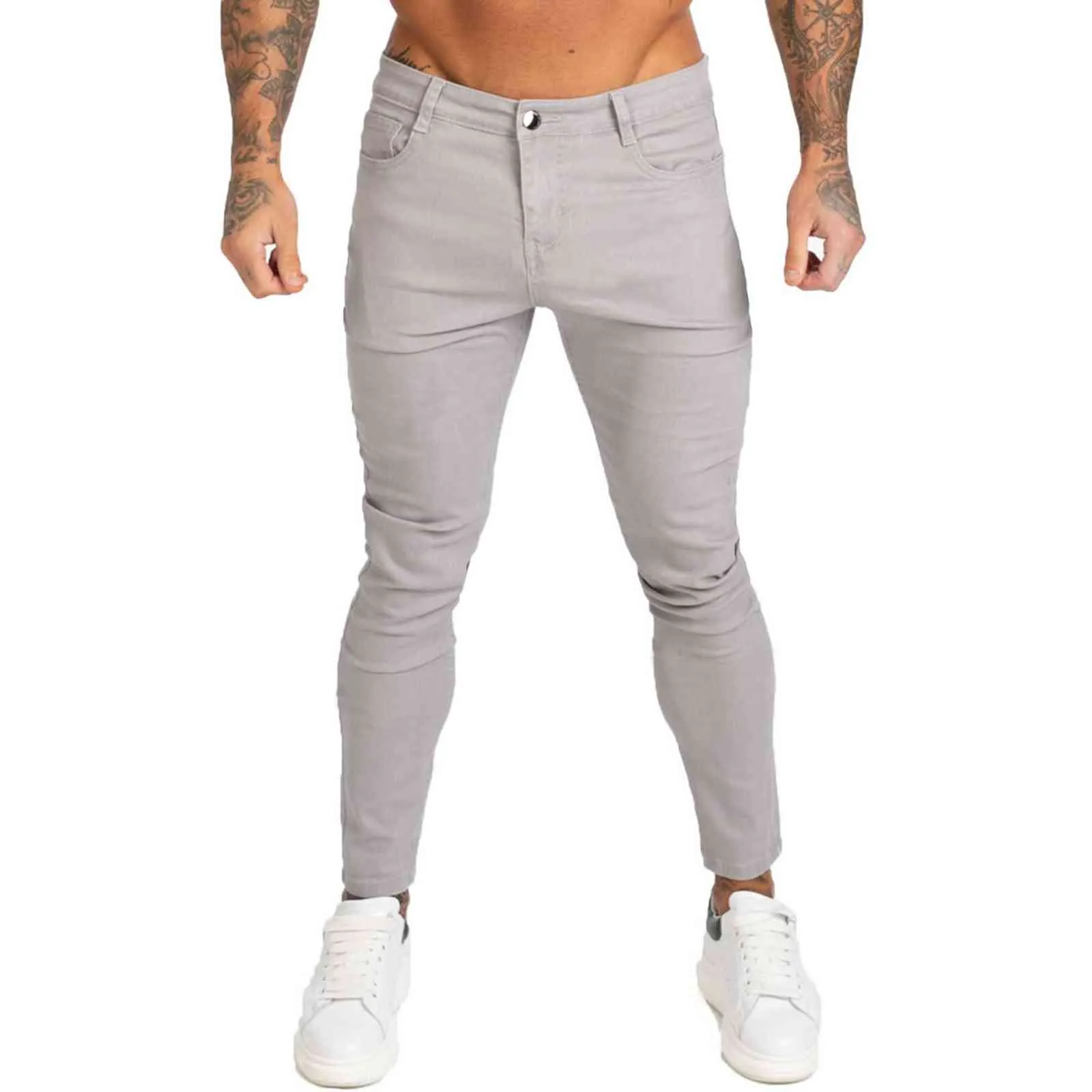 Gingtto denim byxor män mager smal passform grå jeans för hip hop ankel tight cut nära kroppen stor storlek stretch zm175 211111
