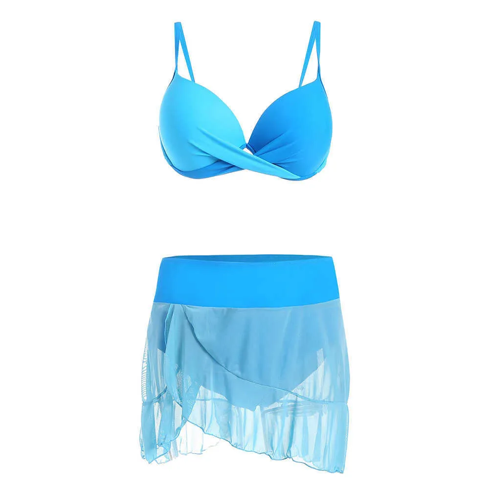 3 peças conjunto de biquíni push up swimsuit mulheres com saia alta cintura swimwear feminino mayo beachwear natação 210621