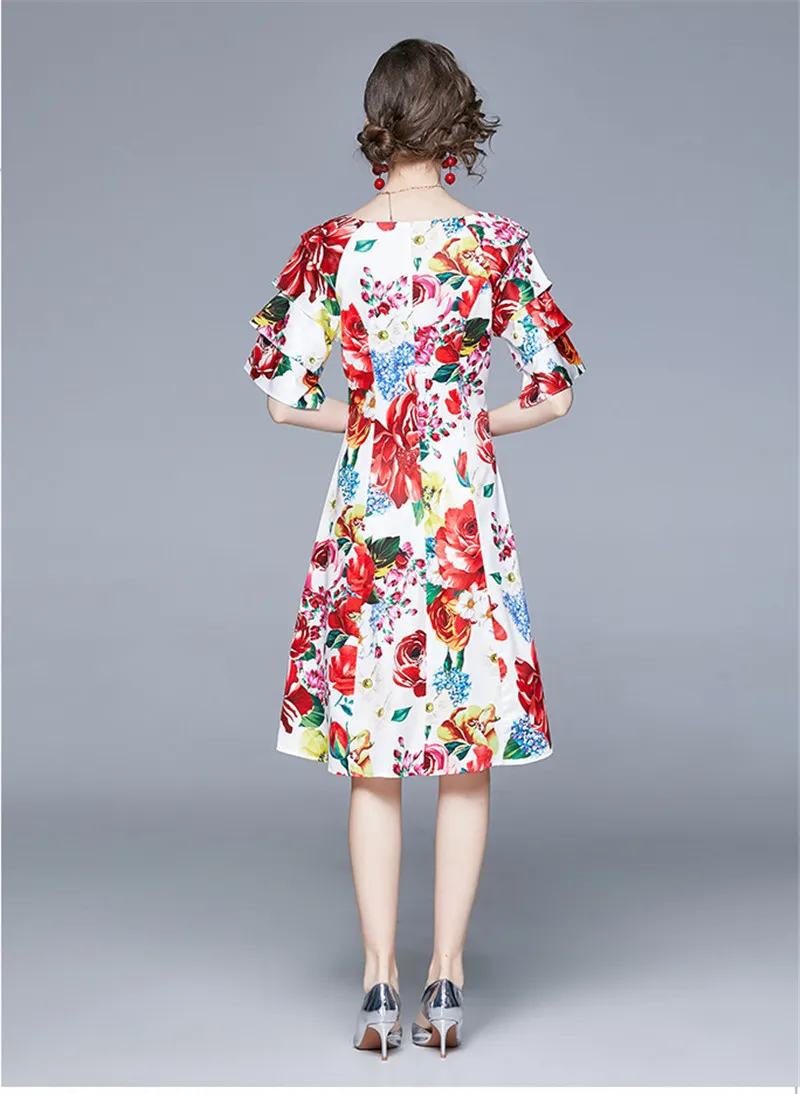 春の夏秋のファッションドレス女性のVネックの多層ケーキウエストAラインプリントミディロンドレスVestido de Mujer 210520