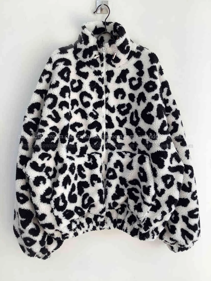 Winter Thick Leopard Women Coat Jacket Warm Korean Zip-up Long Sleeve Stand Collar Loose Fashion Female Coats 210513