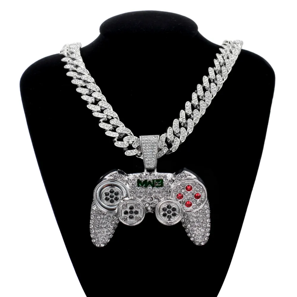 Chaîne à maillons glacés cubains en strass, pendentif avec poignée de contrôleur de jeu, collier pour femmes et hommes, couleur or, bijoux Hip Hop