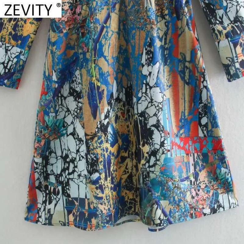 Zevity Women Vintage V Neck Long Sleeve Abstract Flower Print A Line Dress Female Casual Slim Chic Vestido Clothing DS4663 210603