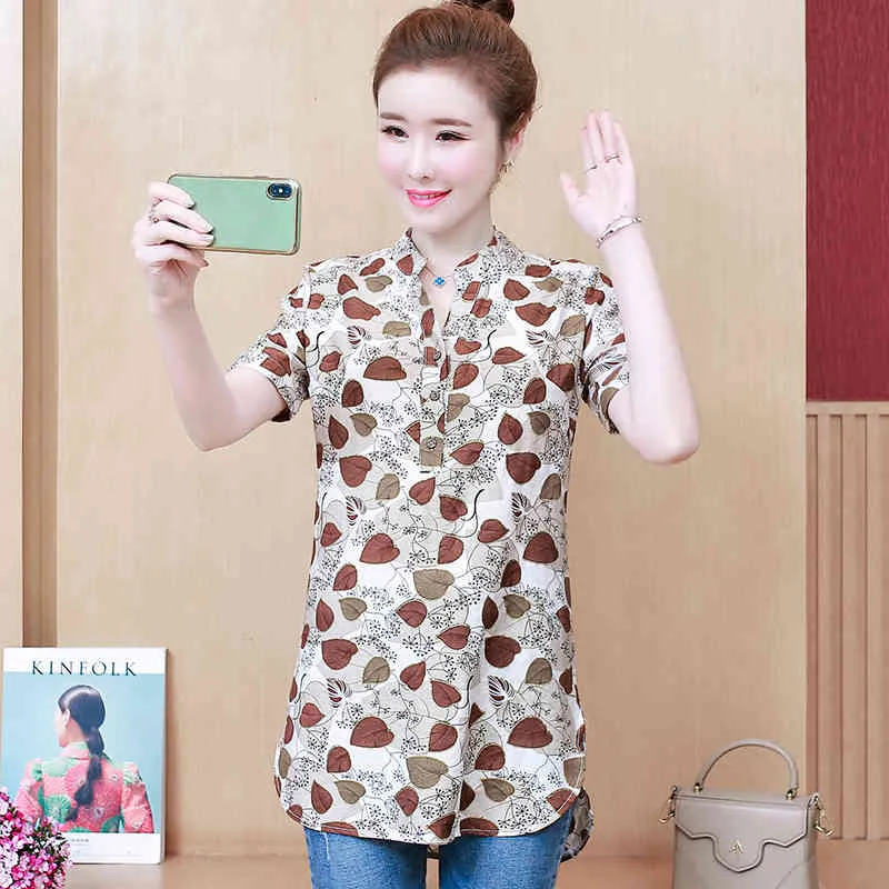 Moda suelta ropa de impresión verano fresco camisa coreanas tops y blusas más tamaño oficina señora blusas 8935 50 210506