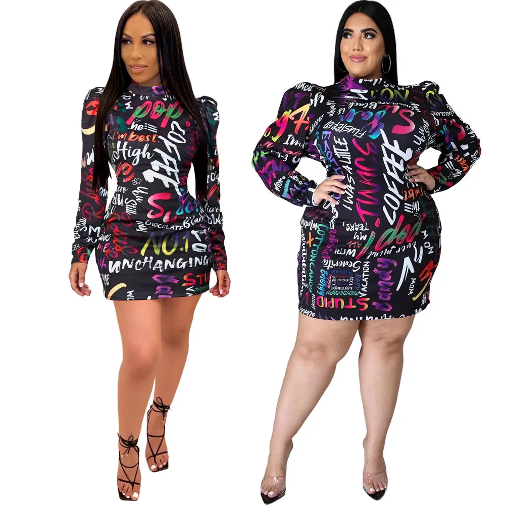 Plus Size Dresses Woman S-5xl Party Turtleneck Letter Print Zipper Back Sexy Mini Dress High Quality Wholesale Dropshipping 2021 X0521