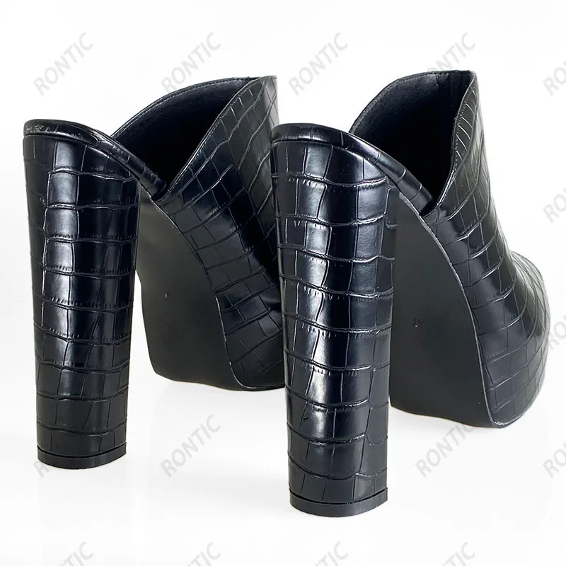 Rontic Nya handgjorda kvinnor Slingback-sandaler Plattform Stenmönster Chunky klackar Öppen tå Eleganta svarta festskor USA storlek 5-20