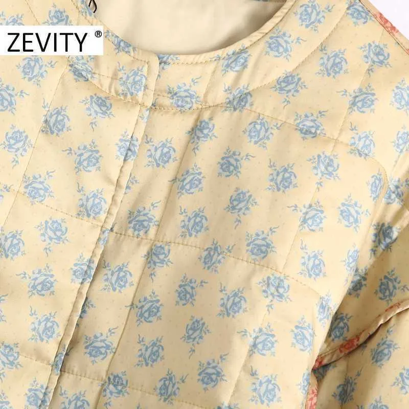 Zevity Femmes Hiver Floral Impression Coton Rembourré Casual Manteau Femme À Manches Longues Côté À Lacets Chic Boutons Veste Tops CT606 210603