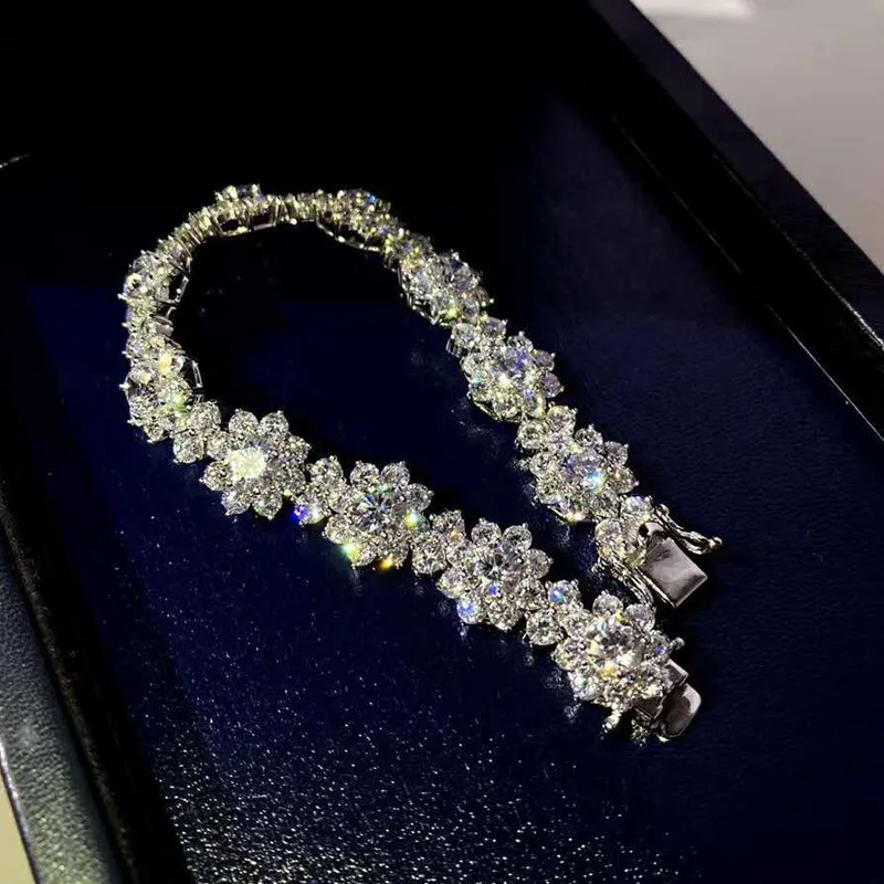 オヴァス100％925スターリングシルバー輝くフルハイカーボンダイヤモンド花ブレスレットの女性のウェディングパーティーブライダルファインジュエリー