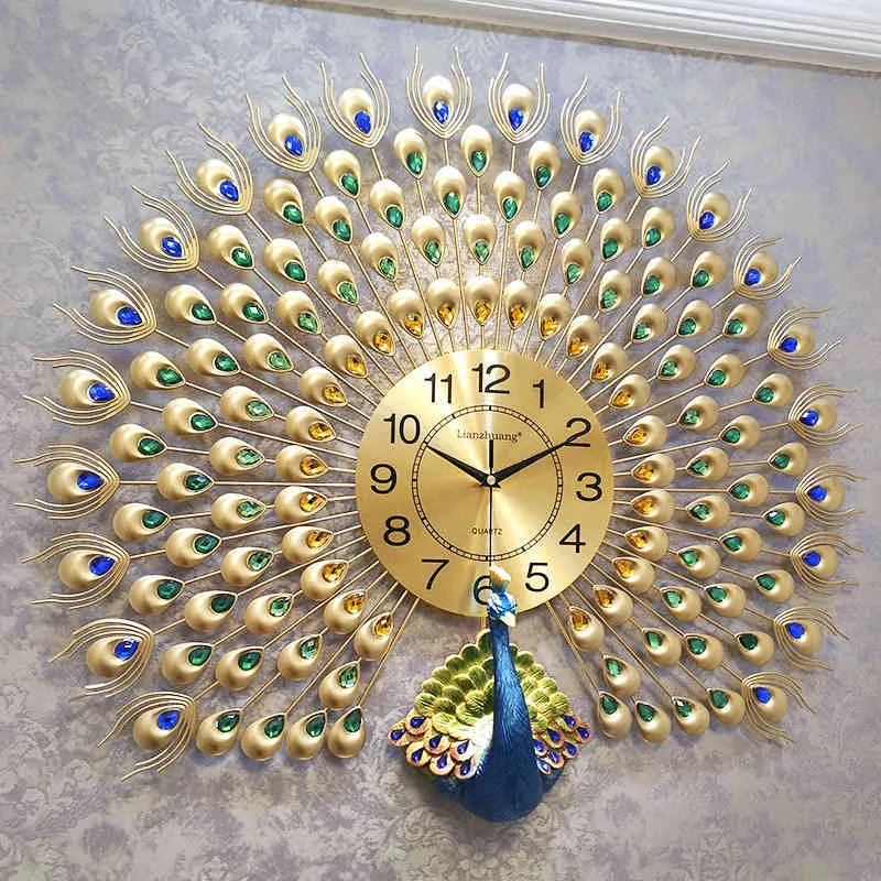 Big Crystal Peacock Clocks Home Decor Horloge Design moderne Montres murales Décoration de mariage 210414
