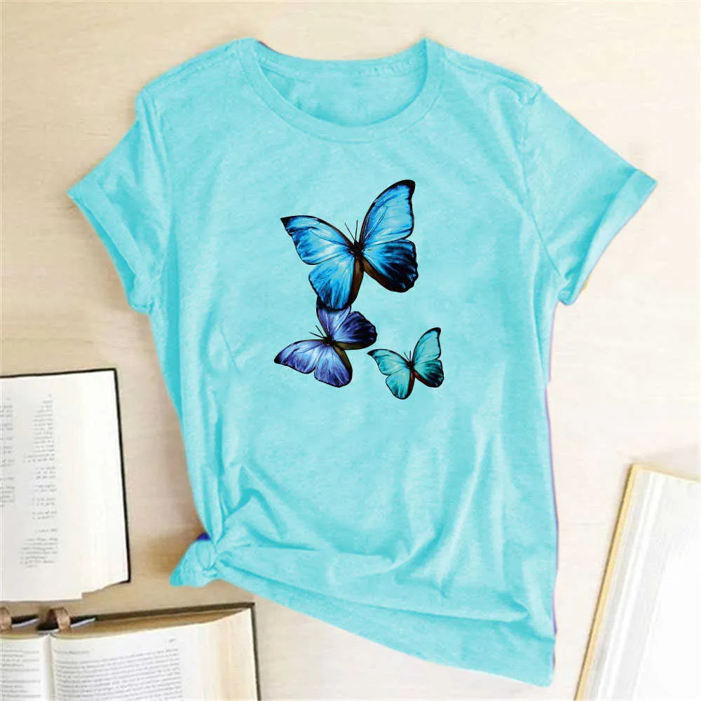 Blauwe Monarch Vlinder Gedrukt Vrouwen T-shirt Katoen Harajuku Losse T-shirt Dames Casual Streetwear O-hals Tops Clothes X0628