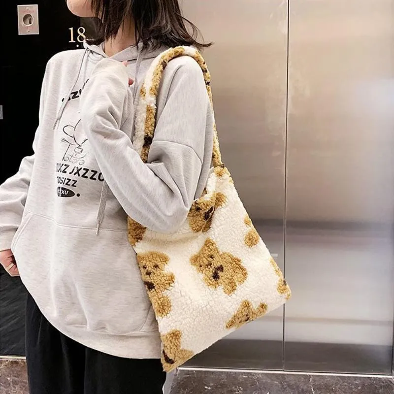 School Bags Women's Girls Fluffy Shoulder Bag Cute Bear Print Top-handle Female Autumn Winter Handbag Plush Tote Fashion Shop275b