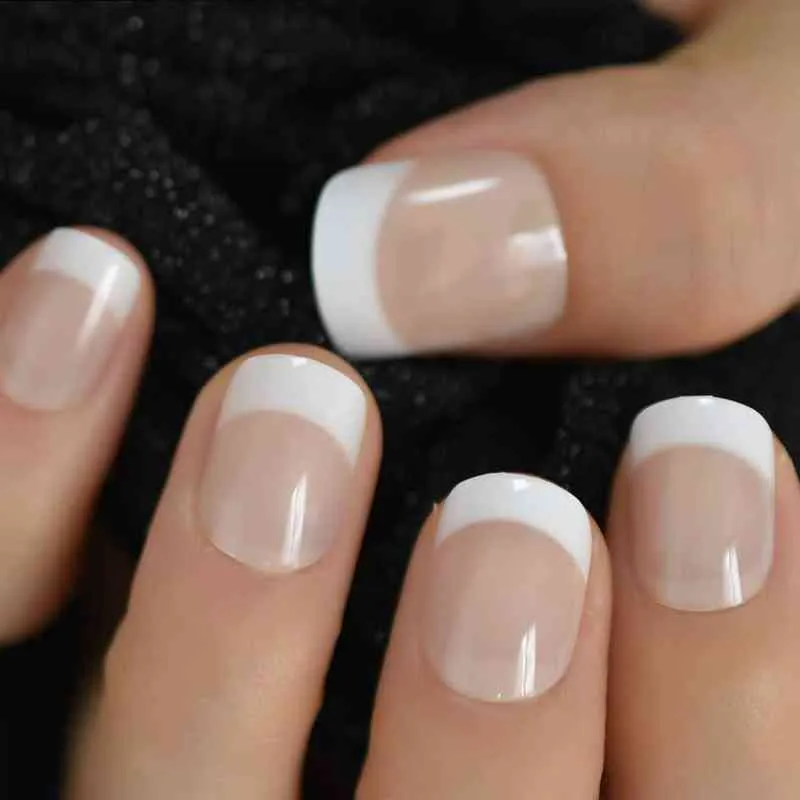 Faux ongles classiques taille normale français ongles nus pointe blanche presse brillante sur les doigts pour tous les jours avec autocollant de colle 24 220225