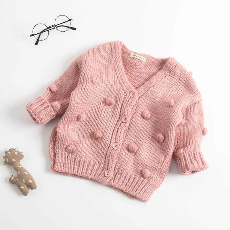 Baby Girl Sweater Ball pom Cardigan Jacket For Kids knitting Coat 1-3 Years Old E8317 210610
