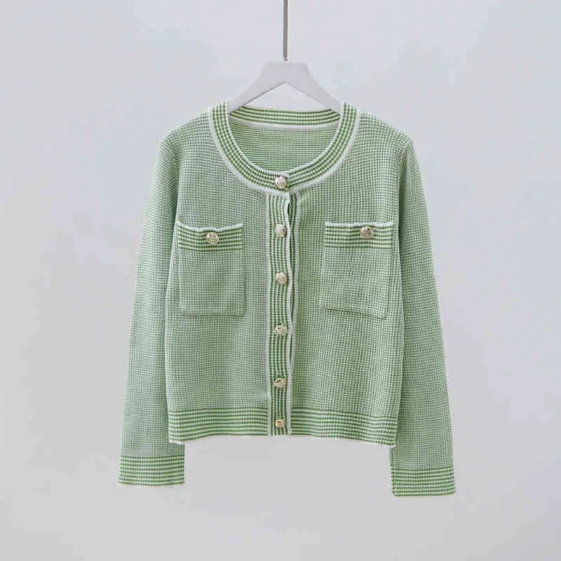 Spring Summer Short Sweater Cardigan Women Single Breasted Fashion Pink Green Striped Knitting Tops High Street Vintage Crop Top 210514