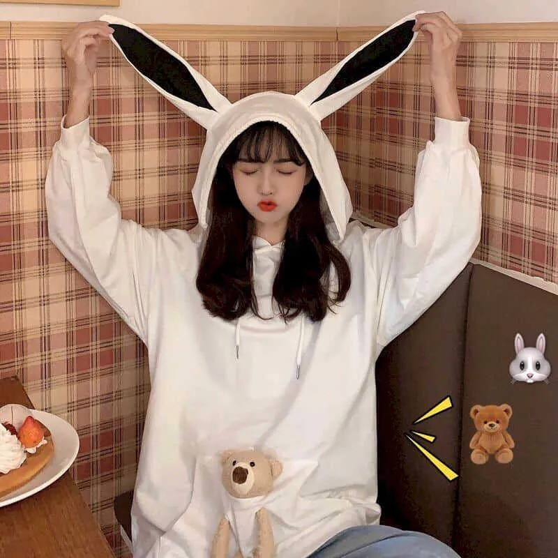 hoodies women Autumn college style design sense cute bear loose mid-length large size hooded long-sleeved sweater 210526
