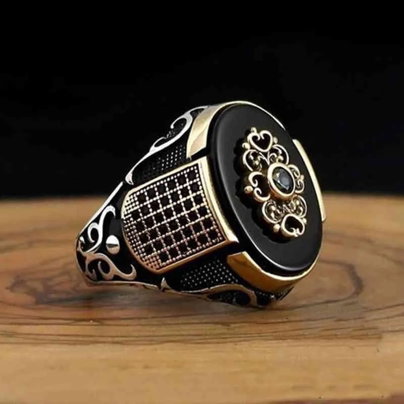 Retro Handgemaakte Turkse Ring voor Mannen Vintage Dubbele Zwaarden Zwarte Zirkoon Ringen Punk Trendy Islamitische Religieuze Moslim Jewelry275R