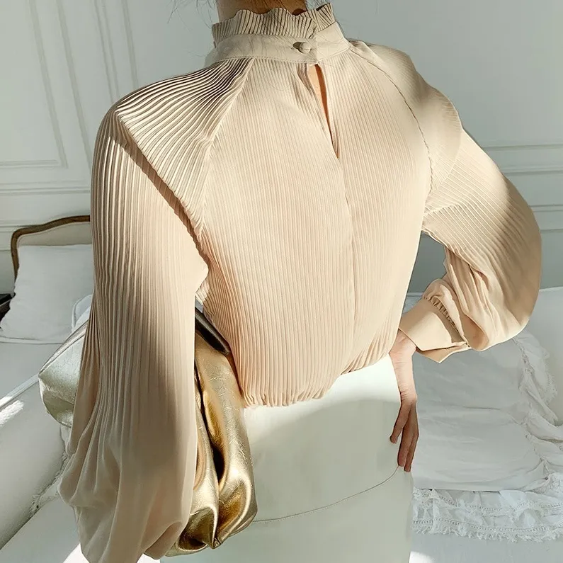 Ezgaga Fransız Tarzı Zarif Gömlek Kadınlar Standı Yaka Pileli Chic Gevşek Katı Uzun Kollu Tops Office Lady Tops Moda 210430