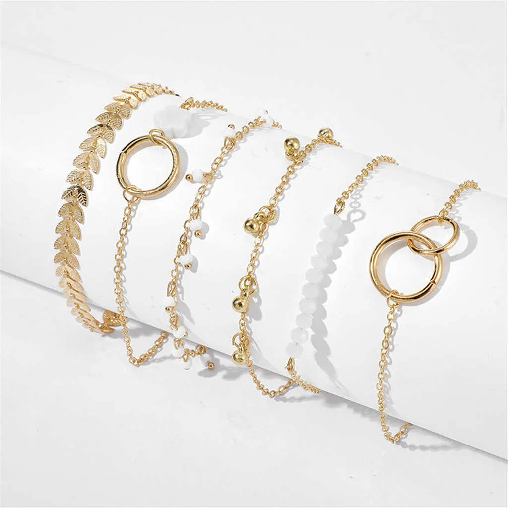 Bracelets pour femmes Simple cercle Bracelet petite fleur feuille Bracelet ensemble de 6 femmes bijoux dur Bracelets Q0719