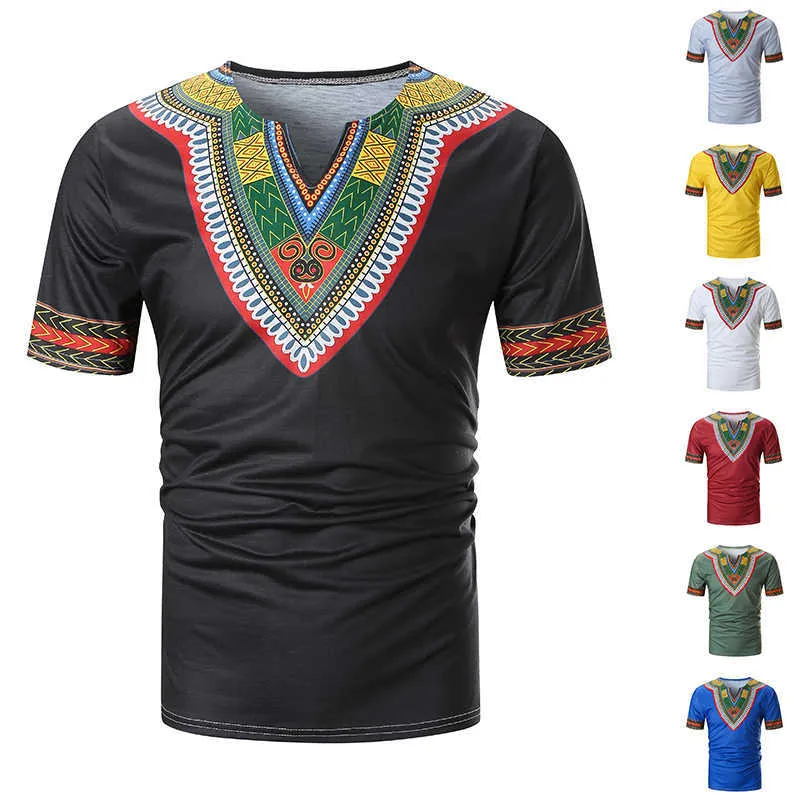 Arrivé Folk-Custom T-shirts Hommes Été Casual Africain Imprimer V Col Pull À Manches Courtes T-shirt Top Blouse Camiseta 210707