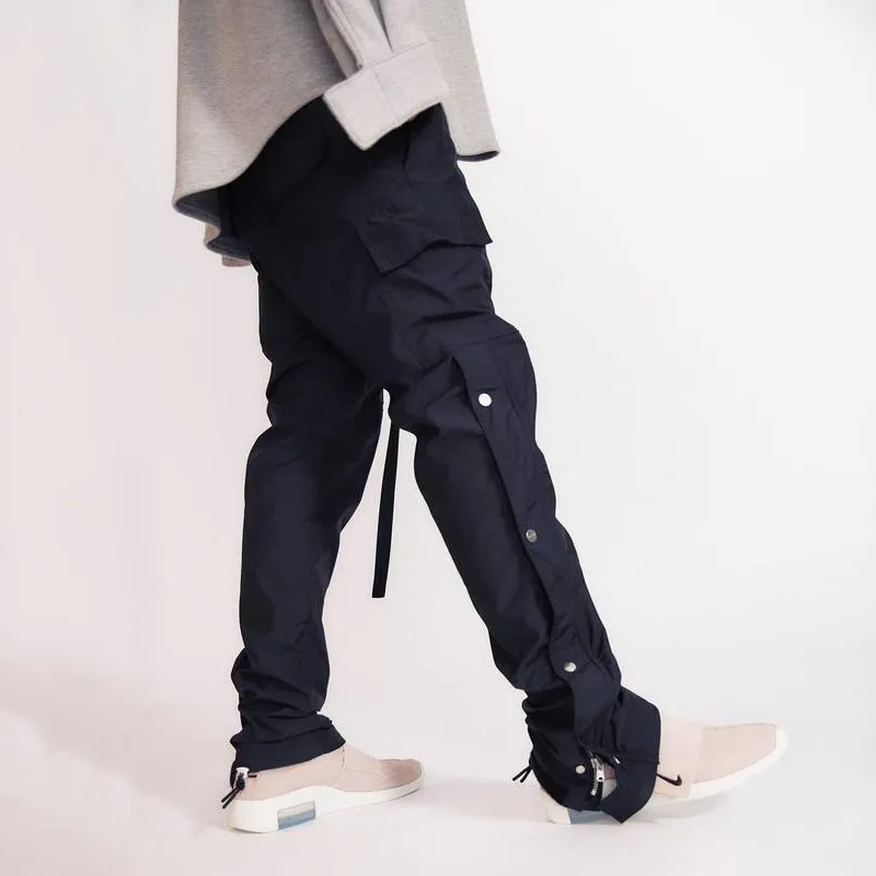IEFB / Jesienno-zimowa moda uliczna Męskie spodnie bojówki z zatrzaskami bocznymi Hip Hop Slim Fit Wstążkowy pas Spodnie dresowe Elastyczny pas 9Y4214 210524