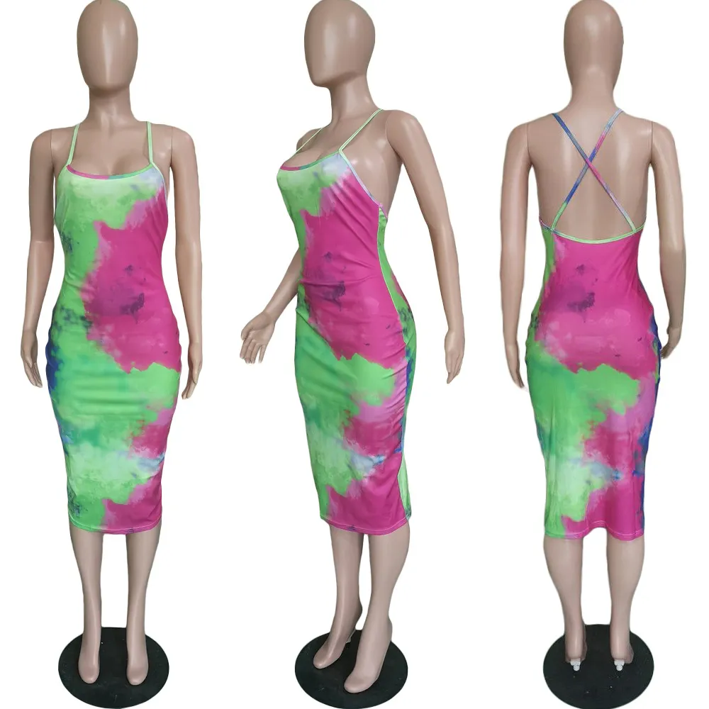 النساء عارضة فساتين متعدد الألوان التعادل صبغ طباعة منتصف طول عارية الذراعين اللباس خبير تصميم جودة أحدث نمط الحالة الأصلية