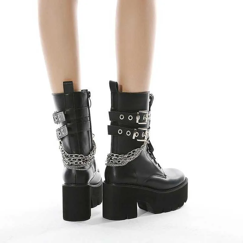 New sexy chain women's leather spring autumn boots thick heel Gothic black punk style platform shoes women's shoes high quality Y0914