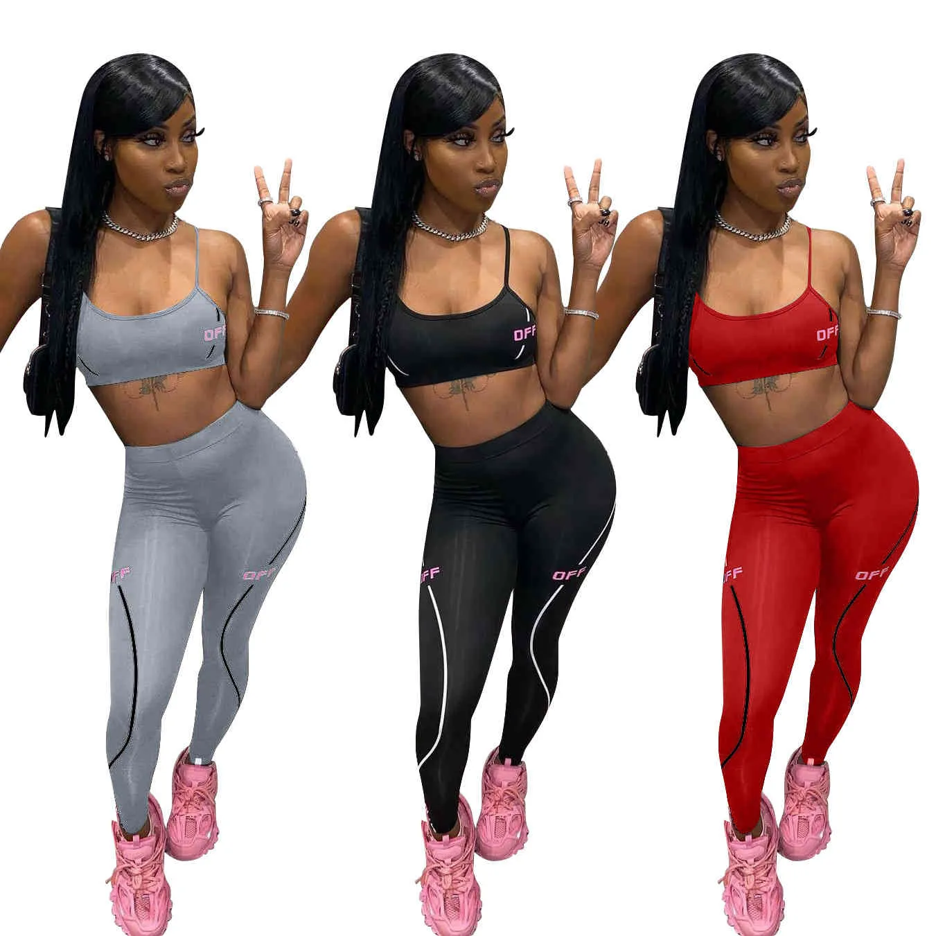 Lettre imprimé à la mode Chic Gym vêtements survêtement deux pièces tenues pour femmes ensembles gilet soutien-gorge haut taille haute maigre Jogging costumes 210525