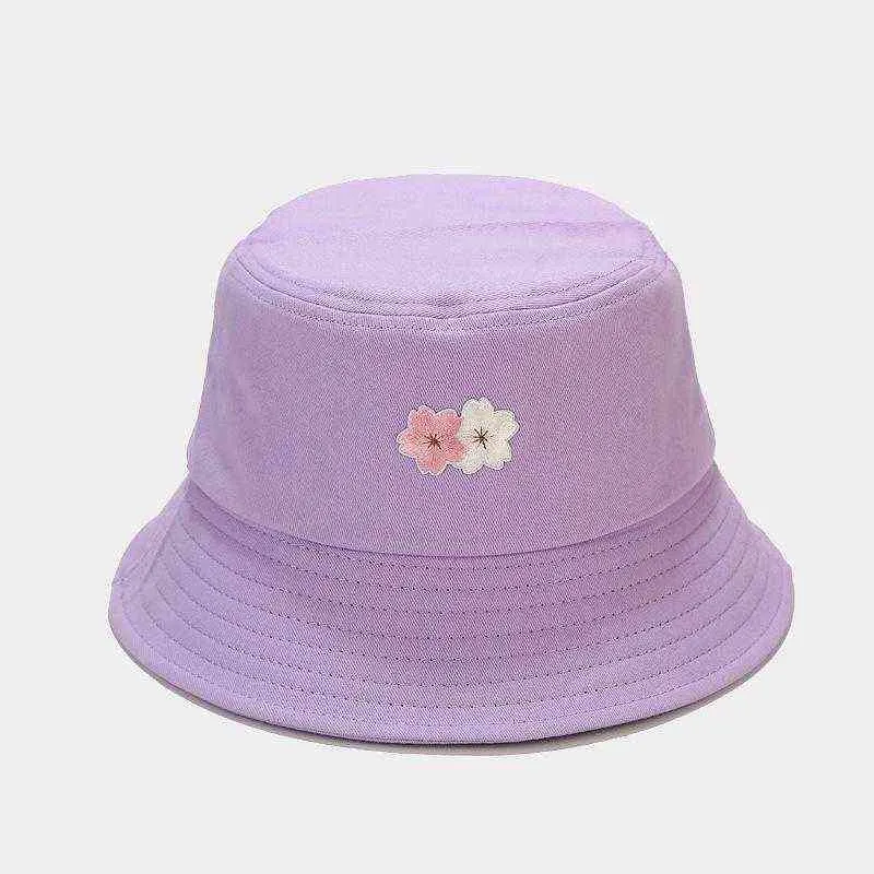 LDSLYJR 2021 Pamuk Çiçek Nakış Kova Şapka Balıkçı Şapka Açık Seyahat Şapka Güneş Kap Şapka Kadınlar Için 197 G220311
