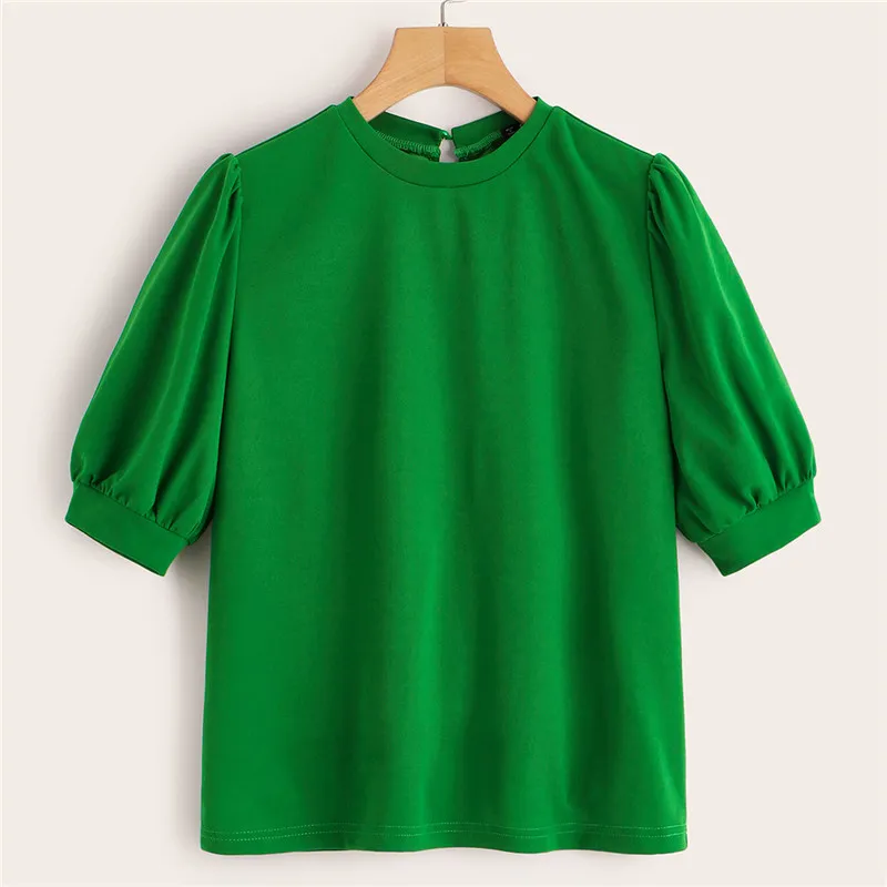 Blouses Ladies Autumn Casual Green Puff Half Sleeve Solid Top & Blouse Women Workwear Casual Elegant Loose Blusa Tops 210422